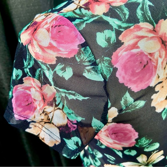 Ijoah Black Semi-Sheer Mesh Pink, Orange Floral Fitted Top, Size S - Picture 5 of 8